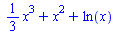 `+`(`*`(`/`(1, 3), `*`(`^`(x, 3))), `*`(`^`(x, 2)), ln(x))