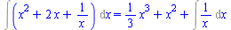CALCULUS1OBJECT([1, [], []], {x}) = `+`(`*`(`/`(1, 3), `*`(`^`(x, 3))), `*`(`^`(x, 2)), Int(`/`(1, `*`(x)), x))