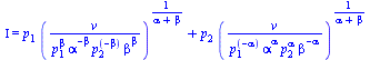 Iota = `+`(`*`(p[1], `*`(`^`(`/`(`*`(v), `*`(`^`(p[1], beta), `*`(`^`(alpha, `+`(`-`(beta))), `*`(`^`(p[2], `+`(`-`(beta))), `*`(`^`(beta, beta)))))), `/`(1, `*`(`+`(alpha, beta)))))), `*`(p[2], `*`(`...