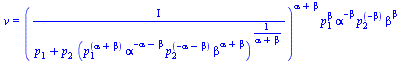 v = `*`(`^`(`/`(`*`(Iota), `*`(`+`(p[1], `*`(p[2], `*`(`^`(`*`(`^`(p[1], `+`(alpha, beta)), `*`(`^`(alpha, `+`(`-`(alpha), `-`(beta))), `*`(`^`(p[2], `+`(`-`(alpha), `-`(beta))), `*`(`^`(beta, `+`(alp...