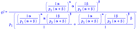 q1 = `/`(`*`(`^`(`/`(`*`(Iota, `*`(alpha)), `*`(p[1], `*`(`+`(alpha, beta)))), alpha), `*`(alpha, `*`(`^`(`/`(`*`(Iota, `*`(beta)), `*`(p[2], `*`(`+`(alpha, beta)))), beta)))), `*`(p[1], `*`(`+`(`/`(`...