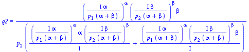 q2 = `/`(`*`(`^`(`/`(`*`(Iota, `*`(alpha)), `*`(p[1], `*`(`+`(alpha, beta)))), alpha), `*`(`^`(`/`(`*`(Iota, `*`(beta)), `*`(p[2], `*`(`+`(alpha, beta)))), beta), `*`(beta))), `*`(p[2], `*`(`+`(`/`(`*...