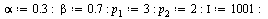 `:=`(alpha, .3); -1; `:=`(beta, .7); -1; `:=`(p[1], 3); -1; `:=`(p[2], 2); -1; `:=`(Iota, 1001); -1