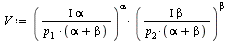`:=`(V, `*`(`^`(`/`(`*`(Iota, `*`(alpha)), `*`(p[1], `*`(`+`(alpha, beta)))), alpha), `*`(`^`(`/`(`*`(Iota, `*`(beta)), `*`(p[2], `*`(`+`(alpha, beta)))), beta))))