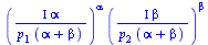 `*`(`^`(`/`(`*`(Iota, `*`(alpha)), `*`(p[1], `*`(`+`(alpha, beta)))), alpha), `*`(`^`(`/`(`*`(Iota, `*`(beta)), `*`(p[2], `*`(`+`(alpha, beta)))), beta)))
