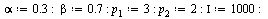 `:=`(alpha, .3); -1; `:=`(beta, .7); -1; `:=`(p[1], 3); -1; `:=`(p[2], 2); -1; `:=`(Iota, 1000); -1