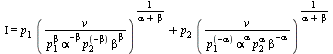 Iota = `+`(`*`(p[1], `*`(`^`(`/`(`*`(v), `*`(`^`(p[1], beta), `*`(`^`(alpha, `+`(`-`(beta))), `*`(`^`(p[2], `+`(`-`(beta))), `*`(`^`(beta, beta)))))), `/`(1, `*`(`+`(alpha, beta)))))), `*`(p[2], `*`(`...