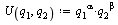 `:=`(U(q[1], q[2]), `*`(`^`(q[1], alpha), `*`(`^`(q[2], beta))))