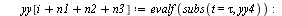 for i to n4 do `:=`(tau, `*`(i, `*`(dt))); `:=`(xx[`+`(i, n1, n2, n3)], evalf(subs(t = tau, xx4))); `:=`(yy[`+`(i, n1, n2, n3)], evalf(subs(t = tau, yy4))) end do; -1