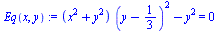 `:=`(Eq(x, y), `+`(`*`(`+`(`*`(`^`(x, 2)), `*`(`^`(y, 2))), `*`(`^`(`+`(y, `-`(`/`(1, 3))), 2))), `-`(`*`(`^`(y, 2)))) = 0)