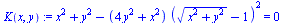 `:=`(K(x, y), `+`(`*`(`^`(x, 2)), `*`(`^`(y, 2)), `-`(`*`(`+`(`*`(4, `*`(`^`(y, 2))), `*`(`^`(x, 2))), `*`(`^`(`+`(`*`(`^`(`+`(`*`(`^`(x, 2)), `*`(`^`(y, 2))), `/`(1, 2))), `-`(1)), 2))))) = 0)