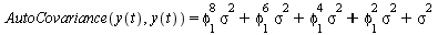 AutoCovariance(y(t), y(t)) = `+`(`*`(`^`(phi[1], 8), `*`(`^`(sigma, 2))), `*`(`^`(phi[1], 6), `*`(`^`(sigma, 2))), `*`(`^`(phi[1], 4), `*`(`^`(sigma, 2))), `*`(`^`(phi[1], 2), `*`(`^`(sigma, 2))), `*`...