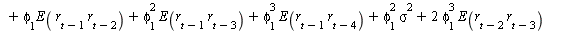 AutoCovariance(y(t), y(`+`(t, `-`(2)))) = `+`(E(`*`(r[t], `*`(r[`+`(t, `-`(2))]))), `*`(phi[1], `*`(E(`*`(r[t], `*`(r[`+`(t, `-`(3))]))))), `*`(`^`(phi[1], 2), `*`(E(`*`(r[t], `*`(r[`+`(t, `-`(4))])))...