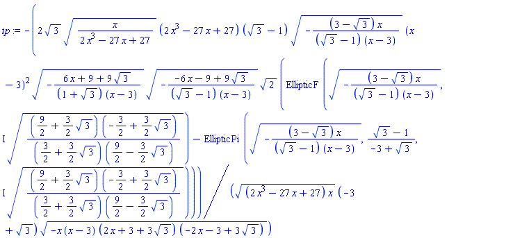 -2*3^(1/2)*(x/(2*x^3-27*x+27))^(1/2)*(2*x^3-27*x+27)*(3^(1/2)-1)*(-(3-3^(1/2))*x/((3^(1/2)-1)*(x-3)))^(1/2)*(x-3)^2*(-(6*x+9+9*3^(1/2))/((1+3^(1/2))*(x-3)))^(1/2)*(-(-6*x-9+9*3^(1/2))/((3^(1/2)-1)*(x-3)))^(1/2)*2^(1/2)*(EllipticF((-(3-3^(1/2))*x/((3^(1/2)-1)*(x-3)))^(1/2), I*((9/2+(3/2)*3^(1/2))*(-3/2+(3/2)*3^(1/2))/((3/2+(3/2)*3^(1/2))*(9/2-(3/2)*3^(1/2))))^(1/2))-EllipticPi((-(3-3^(1/2))*x/((3^(1/2)-1)*(x-3)))^(1/2), (3^(1/2)-1)/(-3+3^(1/2)), I*((9/2+(3/2)*3^(1/2))*(-3/2+(3/2)*3^(1/2))/((3/2+(3/2)*3^(1/2))*(9/2-(3/2)*3^(1/2))))^(1/2)))/(((2*x^3-27*x+27)*x)^(1/2)*(-3+3^(1/2))*(-x*(x-3)*(2*x+3+3*3^(1/2))*(-2*x-3+3*3^(1/2)))^(1/2))