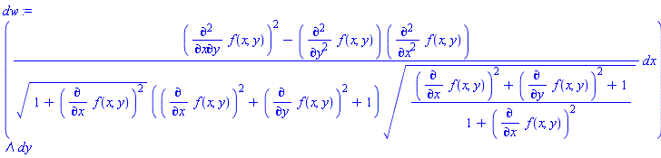 _DG([["form", M, 2], [[[1, 2], ((diff(diff(f(x, y), x), y))^2-(diff(diff(f(x, y), y), y))*(diff(diff(f(x, y), x), x)))/((1+(diff(f(x, y), x))^2)^(1/2)*((diff(f(x, y), x))^2+(diff(f(x, y), y))^2+1)*(((diff(f(x, y), x))^2+(diff(f(x, y), y))^2+1)/(1+(diff(f(x, y), x))^2))^(1/2))]]])
